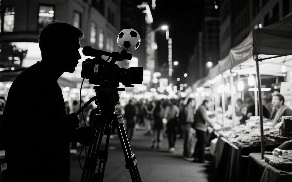 世界杯转播镜头与城市商业街人流的对照示意